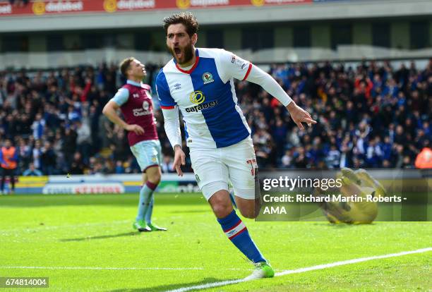 Danny Graham of Blackburn Rovers celebrates scoring the first goal during the Sky Bet Championship match between Blackburn Rovers and Aston Villa at...