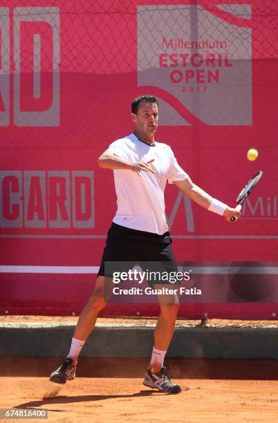 Kenny De Schepper in action during the match between Kenny De Schepper from France and Tristan Lamasine from France for Millennium Estoril Open at...