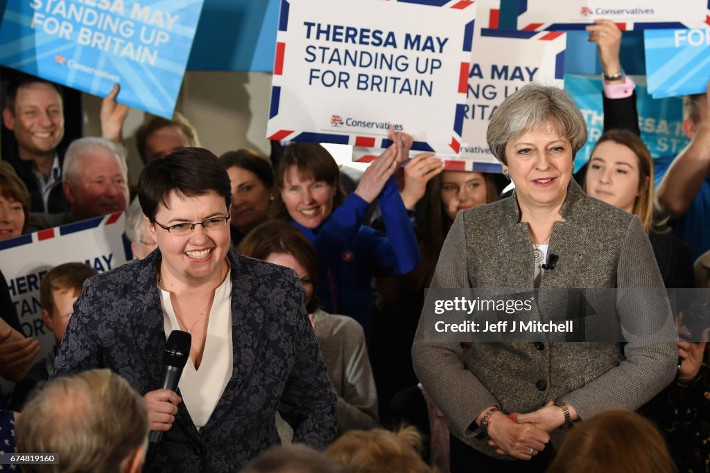 Theresa May Campaigns In Rural Aberdeenshire With Scottish Conservative Leader Ruth Davidson