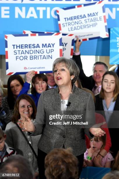 Theresa May speaks at an election campaign rally on April 29, 2017 in Banchory, Scotland. The Prime Minister is campaigning in Scotland with the...