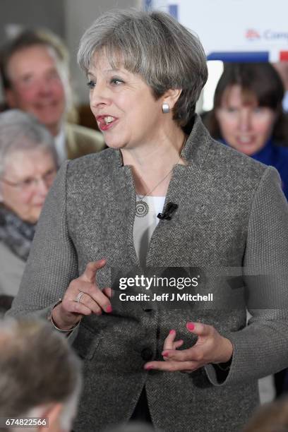 Theresa May speaks at an election campaign rally on April 29, 2017 in Banchory, Scotland. The Prime Minister is campaigning in Scotland with the...