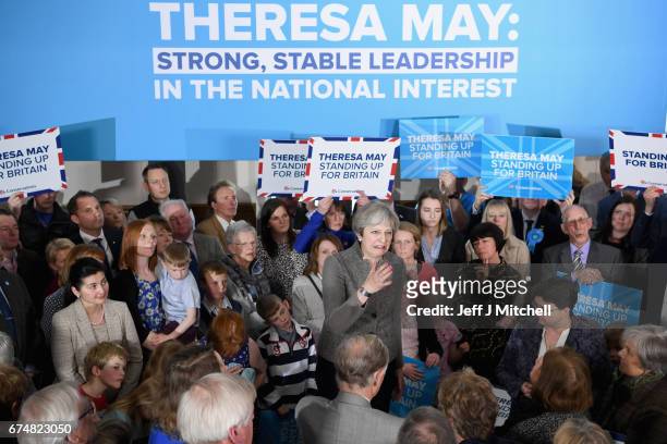 Theresa May speaks at an election campaign rally on April 29, 2017 in Banchory, Scotland. The Prime Minister is campaigning in Scotland with the...