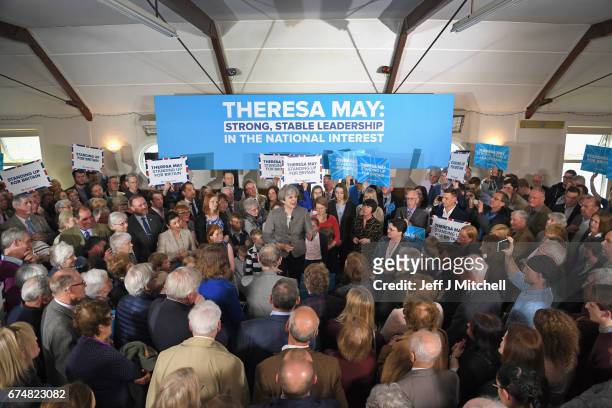 Theresa May speaks at an election campaign rally on April 29, 2017 in Banchory, Scotland. The Prime Minister is campaigning in Scotland with the...