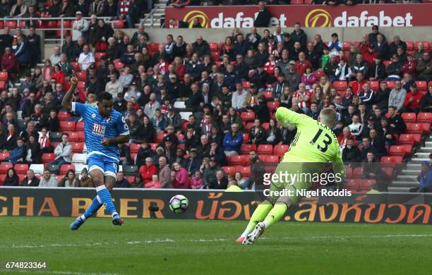 Joshua King of AFC Bournemouth scores his sides first goal during the Premier League match between Sunderland and AFC Bournemouth at the Stadium of...