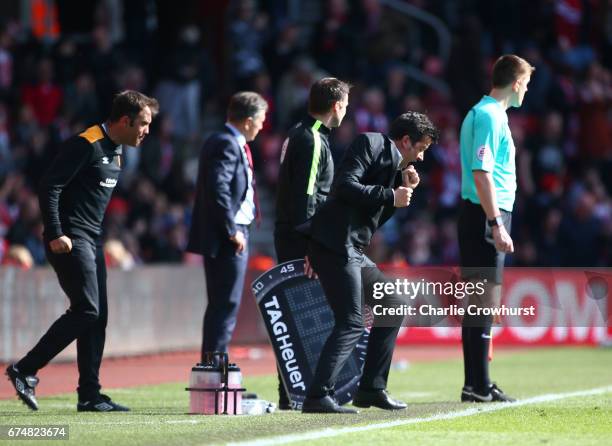 Marco Silva, Manager of Hull City celebrates after Southampton miss a penalty during the Premier League match between Southampton and Hull City at St...