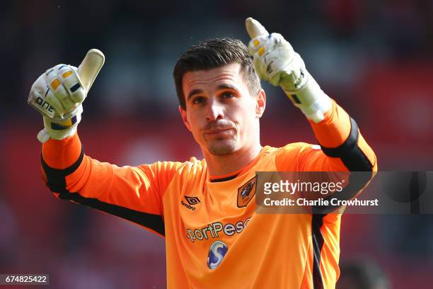 Eldin Jakupovic of Hull City acknowledges the fans after the Premier League match between Southampton and Hull City at St Mary's Stadium on April 29,...