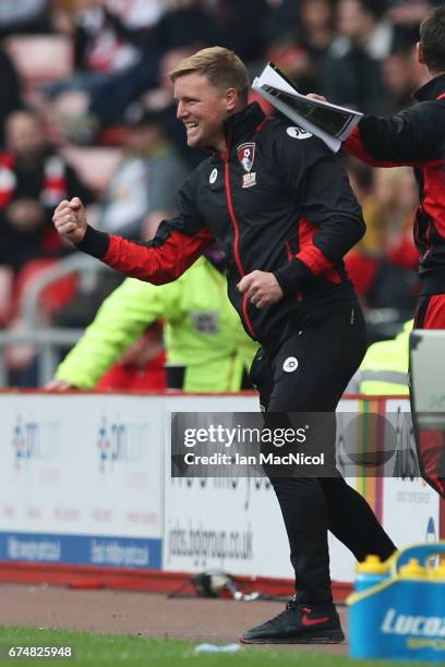 Eddie Howe, Manager of AFC Bournemouth celebrates during the Premier League match between Sunderland and AFC Bournemouth at the Stadium of Light on...