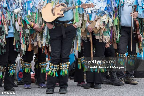 Morris dancers from across England attend the Green Man Spring Festival on April 29, 2017 in Bovey Tracey, England. Dozens of dancers were watched by...