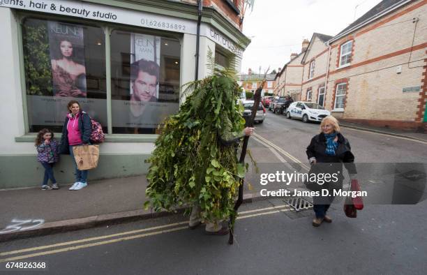 Man dressed in a tree foilage costume makes his way to attend the Green Man Spring Festival on April 29, 2017 in Bovey Tracey, England. Dozens of...