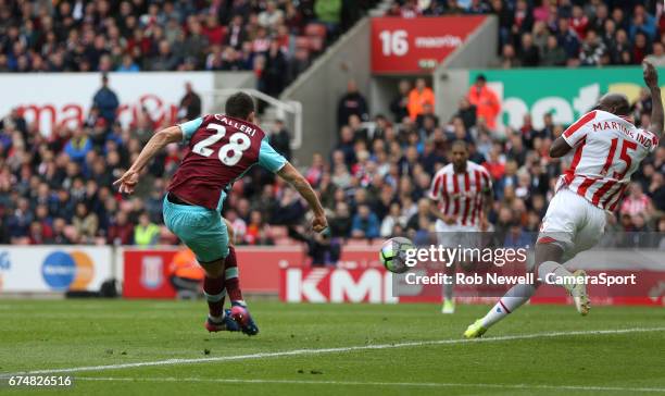 West Ham United's Jonathan Calleri attempts a rabona style shot during the Premier League match between Stoke City and West Ham United at Bet365...