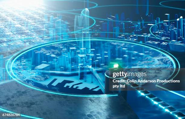 3d hologram of city - hologram city stock pictures, royalty-free photos & images