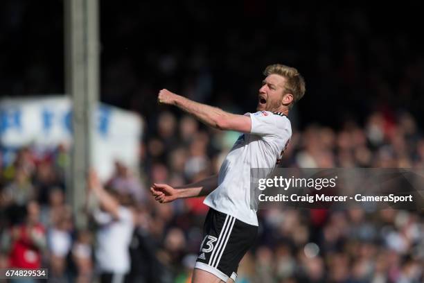 Fulham's Tim Ream celebrates at full time of the Sky Bet Championship match between Fulham and Brentford at Craven Cottage on April 29, 2017 in...