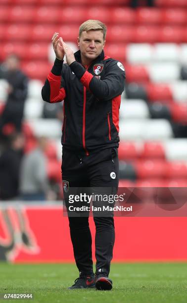 Eddie Howe, Manager of AFC Bournemouth applauds supporters during the Premier League match between Sunderland and AFC Bournemouth at the Stadium of...