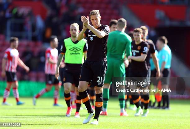 Michael Dawson of Hull City applauds after the Premier League match between Southampton and Hull City at St Mary's Stadium on April 29, 2017 in...