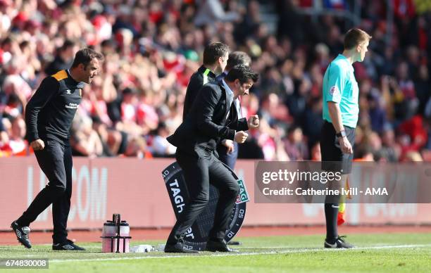 Marco Silva Manager / head coach of Hull City celebrates after goalkeeper Eldin Jakupovic of Hull City saves a penalty during the Premier League...