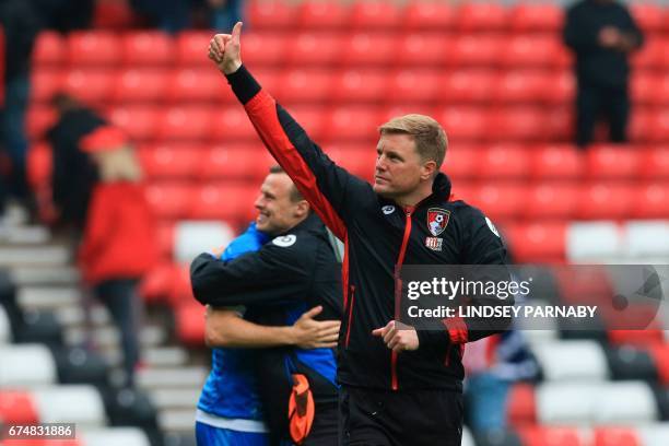 Bournemouth's English manager Eddie Howe saultes the crowd after they won the English Premier League football match between Sunderland and...