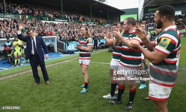 Marcos Ayerza, the former Leicester Tigers prop, who had to retire from the sport through injury acknowledges the applause of the crowd on the lap of...