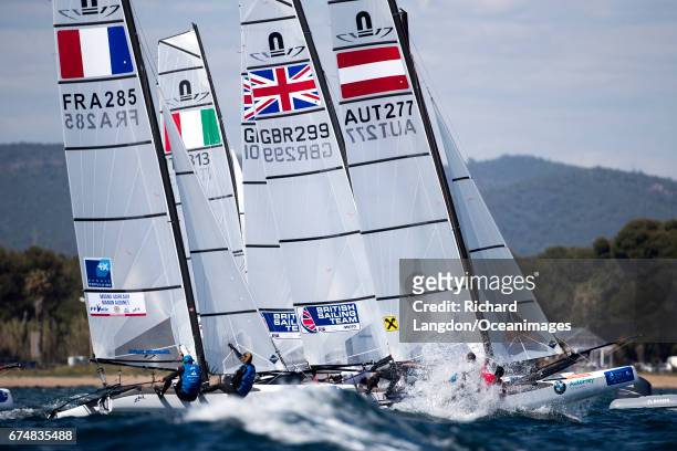 Ben Saxton and Steph Orton from the British Sailing Team sail their Nacra 17 during the ISAF Sailing World Cup Hyeres on APRIL 29, 2017 in Hyeres,...