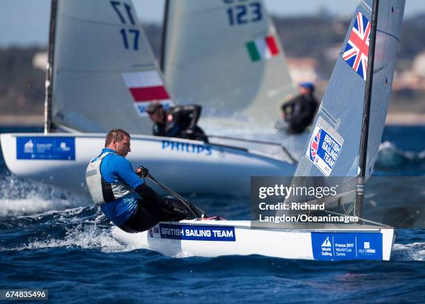 Ed Wright from the British Sailing Team sails his Finn during the ISAF Sailing World Cup Hyeres on APRIL 29, 2017 in Hyeres, France.