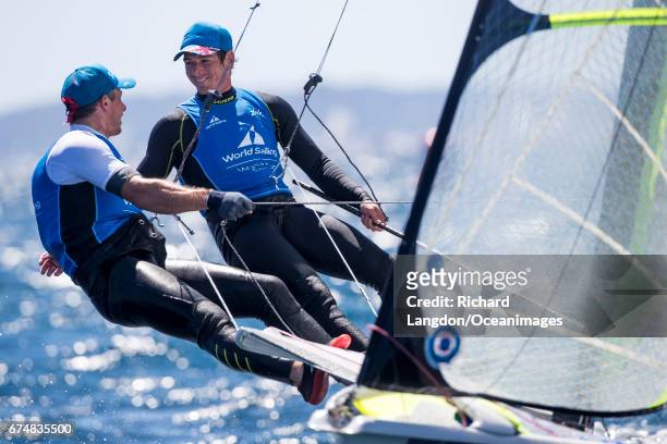 Dylan Fletcher and Stuart Bithell from the British Sailing Team sail their 49er to 2nd overall during the ISAF Sailing World Cup Hyeres on APRIL 29,...