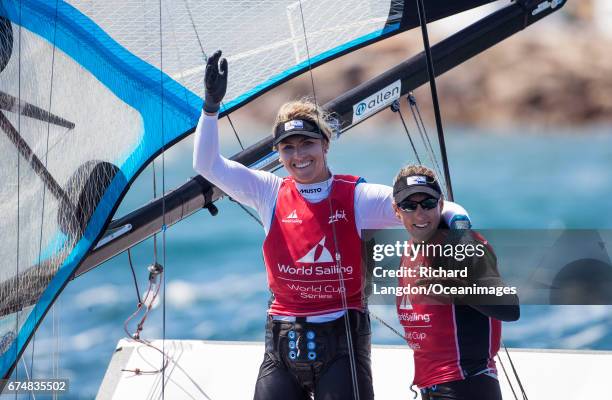 Charlotte Dobson and Saskia Tidey from the British Sailing Team sail their 49er FX during the ISAF Sailing World Cup Hyeres on APRIL 29, 2017 in...