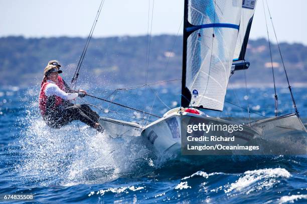 Charlotte Dobson and Saskia Tidey from the British Sailing Team sail their 49er FX during the ISAF Sailing World Cup Hyeres on APRIL 29, 2017 in...