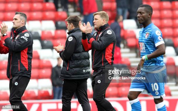 Bournemouth manager Eddie Howe applauds the fans during the Premier League match between Sunderland AFC and AFC Bournemouth at Stadium of Light on...