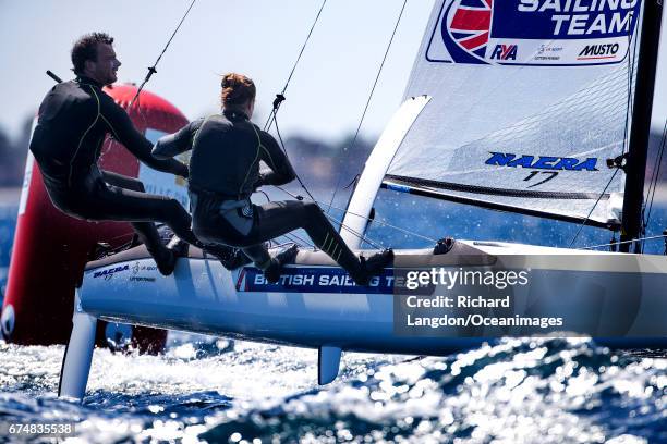 Tom Phipps and Nikki Boniface from the British Sailing Team sail their Nacra 17 during the ISAF Sailing World Cup Hyeres on APRIL 29, 2017 in Hyeres,...