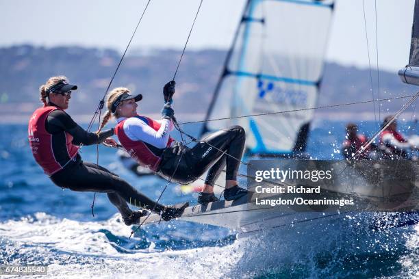 Charlotte Dobson and Saskia Tidey from the British Sailing Team sail their 49er FX during the ISAF Sailing World Cup Hyeres on APRIL 29, 2017 in...