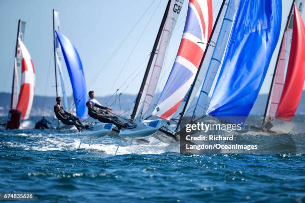 John Gimson and Anna Burnet from the British Sailing Team sail their Nacra 17 during the ISAF Sailing World Cup Hyeres on APRIL 29, 2017 in Hyeres,...