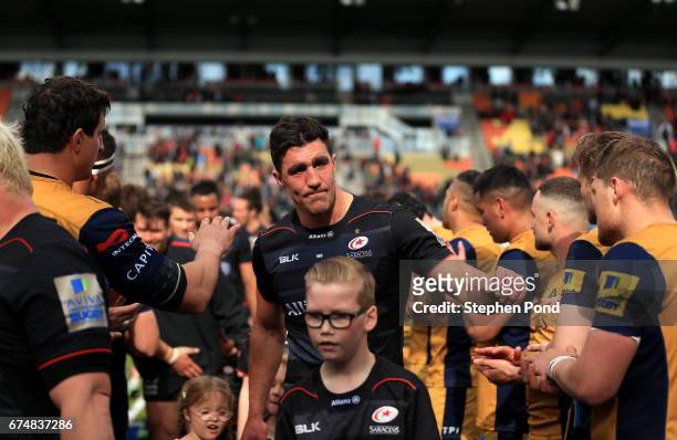 Kelly Brown of Saracens leaves the field after victory during the Aviva Premiership match between Saracens and Bristol Rugby at Allianz Park on April...