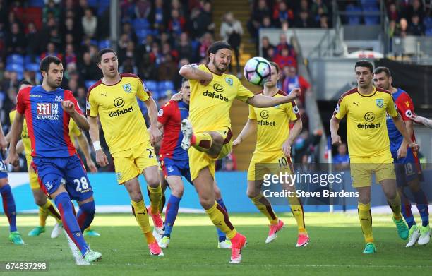 George Boyd of Burnley tries to clear during the Premier League match between Crystal Palace and Burnley at Selhurst Park on April 29, 2017 in...
