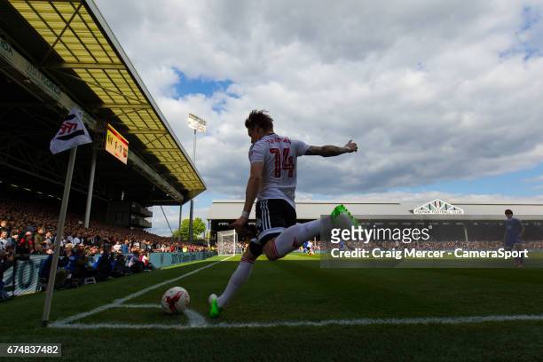 Fulham's Stefan Johansen takes a corner kick during the Sky Bet Championship match between Fulham and Brentford at Craven Cottage on April 29, 2017...