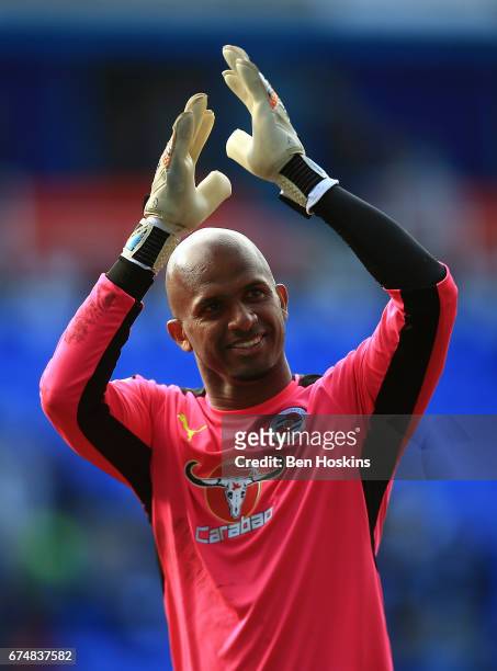 Ali Al-Habsi of Reading appluads the fans following the Sky Bet Championship match between Reading and Wigan Athletic at Madejski Stadium on April...