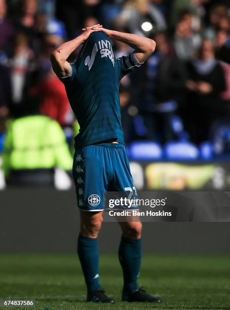 Stephen Warnock of Wigan reacts at the final whistle the Sky Bet Championship match between Reading and Wigan Athletic at Madejski Stadium on April...