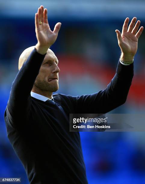 Reading manager Jaap Stam appluads the fans following the Sky Bet Championship match between Reading and Wigan Athletic at Madejski Stadium on April...