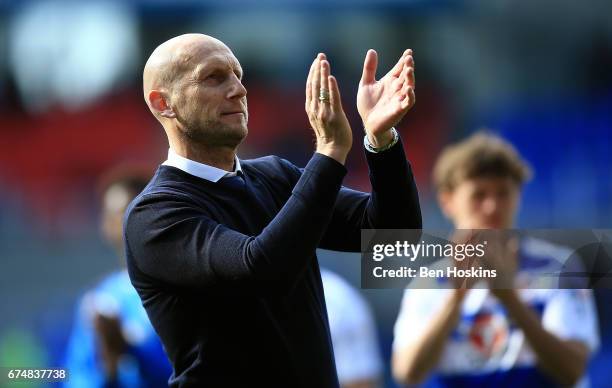 Reading manager Jaap Stam appluads the fans following the Sky Bet Championship match between Reading and Wigan Athletic at Madejski Stadium on April...