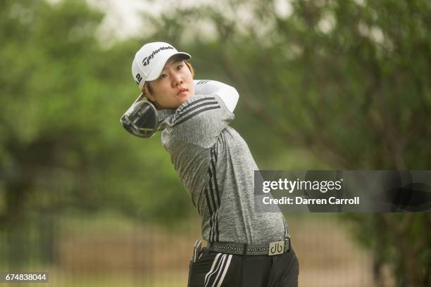 Eun-Jeong Seong of South Korea plays her tee shot at the second hole during the third round of the Volunteers of America North Texas Shootout at Las...