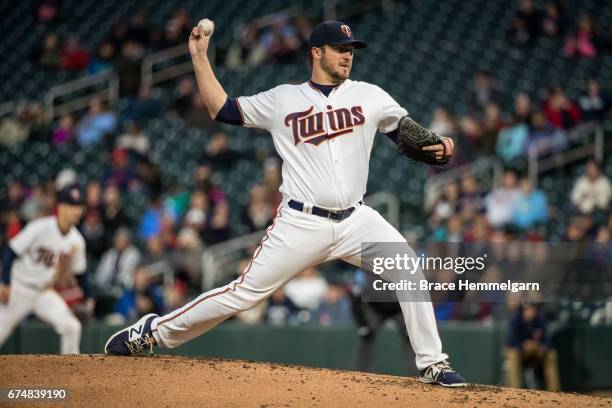 Phil Hughes of the Minnesota Twins pitches against the Cleveland Indians on April 18, 2017 at Target Field in Minneapolis, Minnesota. The Indians...