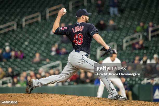 Boone Logan of the Cleveland Indians pitches against the Minnesota Twins on April 18, 2017 at Target Field in Minneapolis, Minnesota. The Indians...