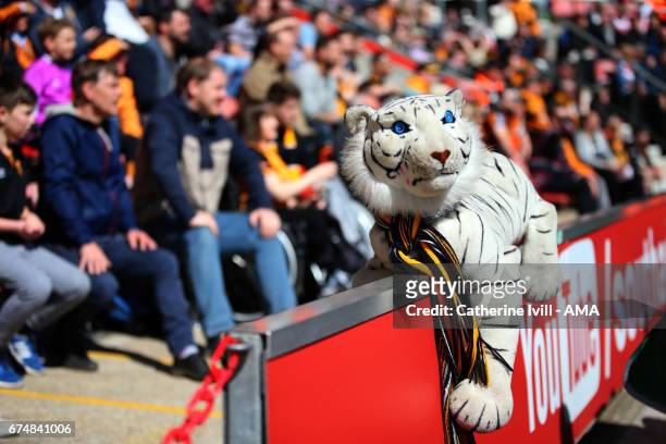 Cuddly soft toy tiger sits in front of the Hull City fans during the Premier League match between Southampton and Hull City at St Mary's Stadium on...