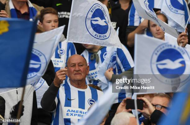 Brighton fan flies the flag during the Sky Bet Championship match between Brighton & Hove Albion and Bristol City at Amex Stadium on April 29, 2017...