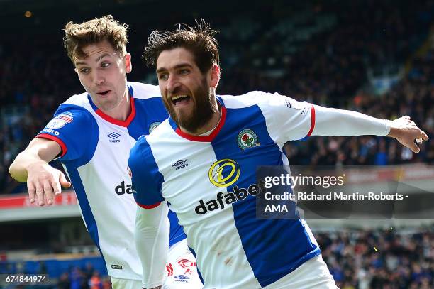 Danny Graham of Blackburn Rovers celebrates scoring the first goal with team-mate Sam Gallagher during the Sky Bet Championship match between...