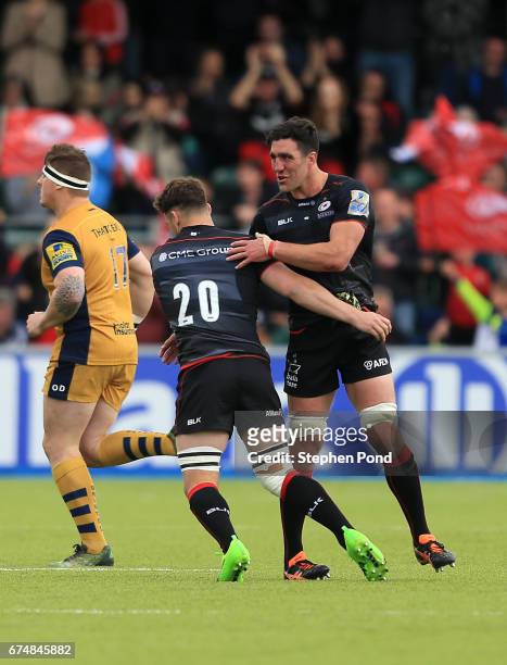Kelly Brown of Saracens leaves the field during the Aviva Premiership match between Saracens and Bristol Rugby at Allianz Park on April 29, 2017 in...