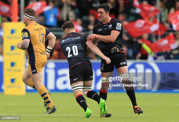 Kelly Brown of Saracens leaves the field during the Aviva Premiership match between Saracens and Bristol Rugby at Allianz Park on April 29, 2017 in...