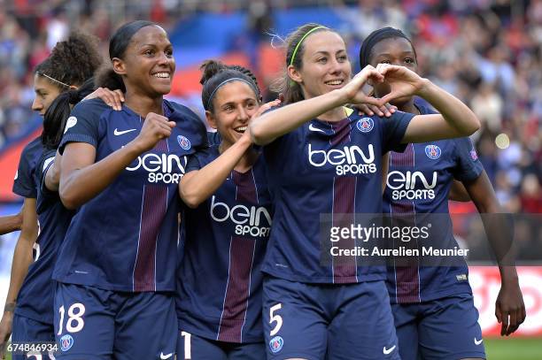 Sabrina Delannoy of Paris Saint-Germain reacts after scoring during the Women's Champions League match between Paris Saint Germain and Barcelona at...