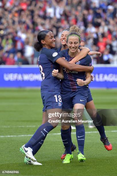 Sabrina Delannoy of Paris Saint-Germain reacts after scoring during the Women's Champions League match between Paris Saint Germain and Barcelona at...