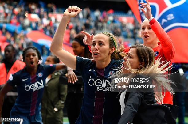 Paris Saint-Germain's French defender Sabrina Delannoy, Paris Saint-Germain's French defender Laure Boulleau and Paris Saint-Germain's Polish...