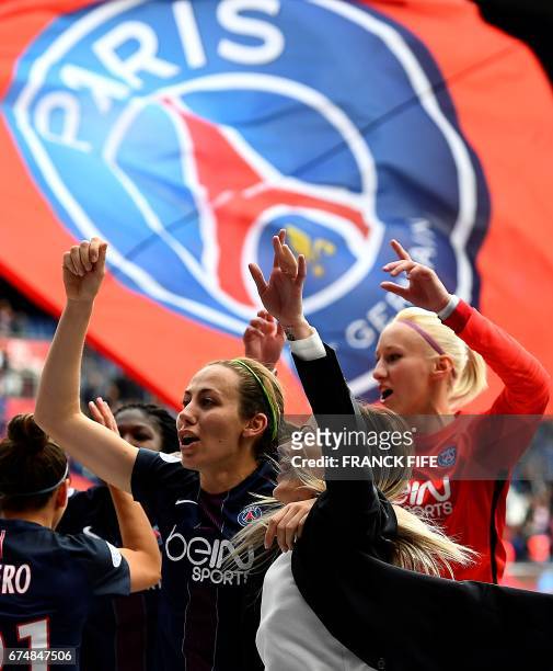 Paris Saint-Germain's French defender Sabrina Delannoy, Paris Saint-Germain's French defender Laure Boulleau and Paris Saint-Germain's Polish...