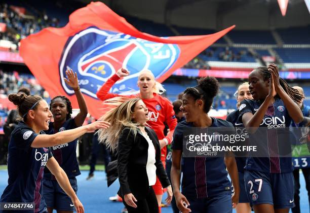 Paris Saint-Germain's Spain midfielder Veronica Boquette, Paris Saint-Germain's French defender Laure Boulleau, Paris Saint-Germain's Canadian...